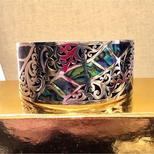 LOIS HILL Blue Green Abalone Inlay Sterling Silver Cut Out Scroll Cuff Bracelet